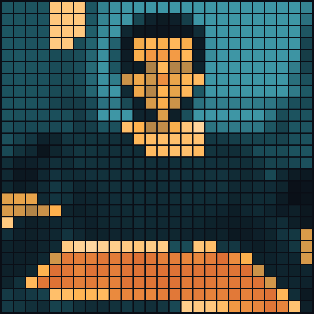 Pixel-block portrait of the founder holding a glowing lasagna, in amber and cyan on navy